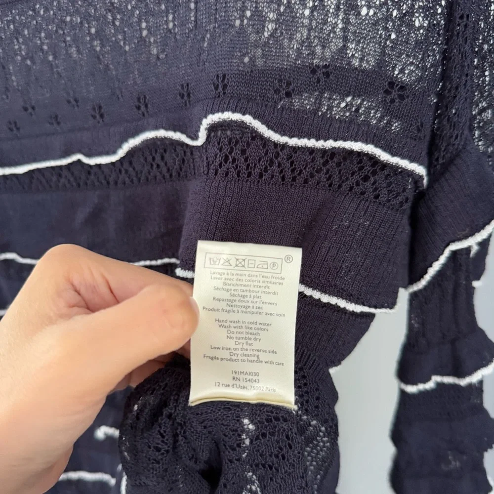 Sezane Small Aloys Sweater Navy White Ruffle Trim Lightweight Sheet relaxed fit